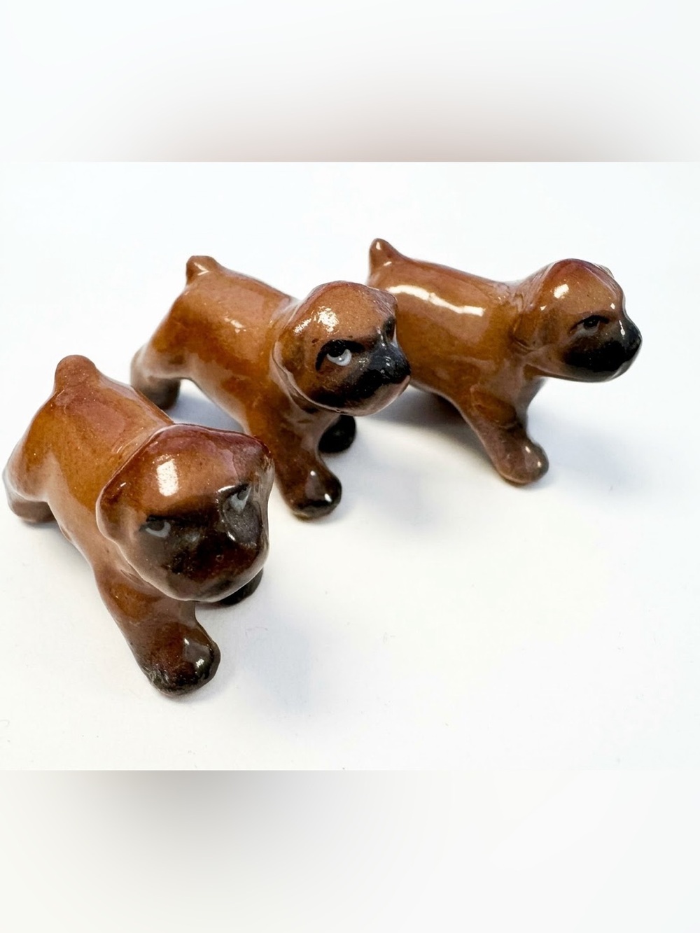 Vintage Miniature Ceramic Dog Figurines Set of 3 Brown Pug Boxer Puppy